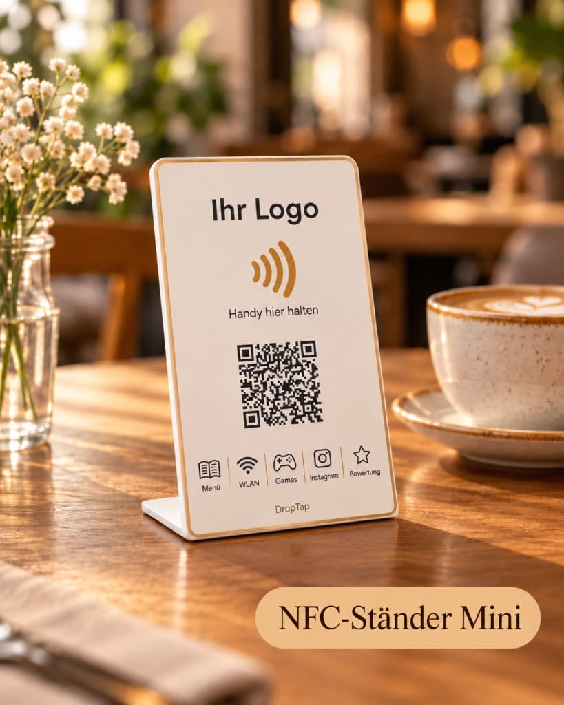 Kleiner aufrechter DropTap-NFC-Ständer mit Logo, QR-Code und Symbolen für Menü, WLAN, Games, Instagram und Bewertung auf einem Cafétisch