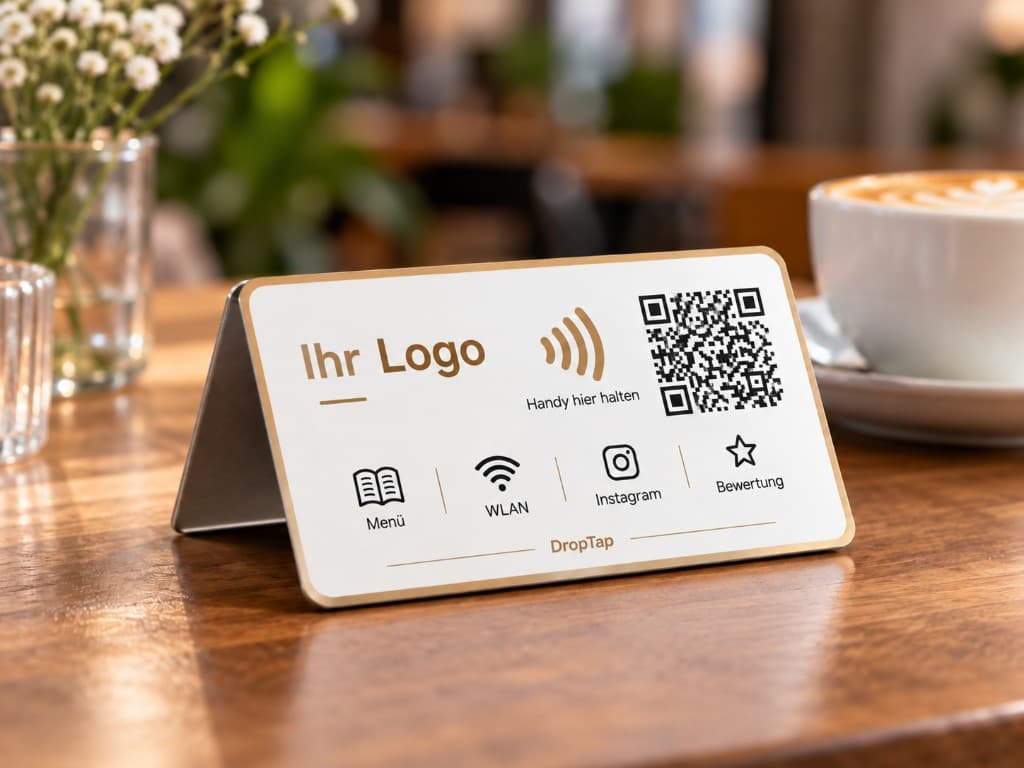 Aufklappbarer DropTap-Tischaufsteller mit Platz für das Logo, NFC-Zeichen, QR-Code und Symbolen für Menü, WLAN, Instagram und Bewertung auf einem Cafétisch